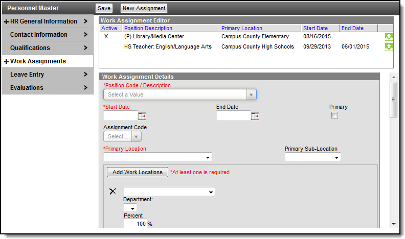 screenshot of an example of the work assignments tab.