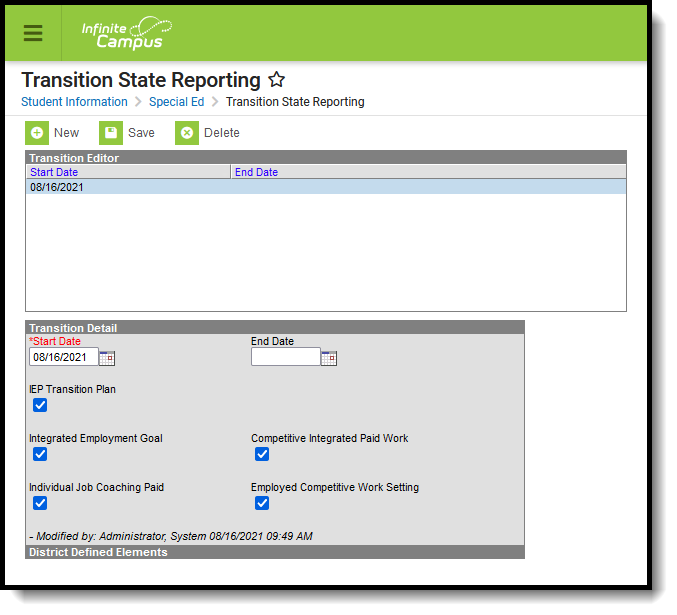 Screenshot of the transition state reporting tool.