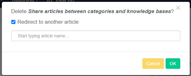 Screenshot of the article deletion prompt, with the redirect to another article option checked.