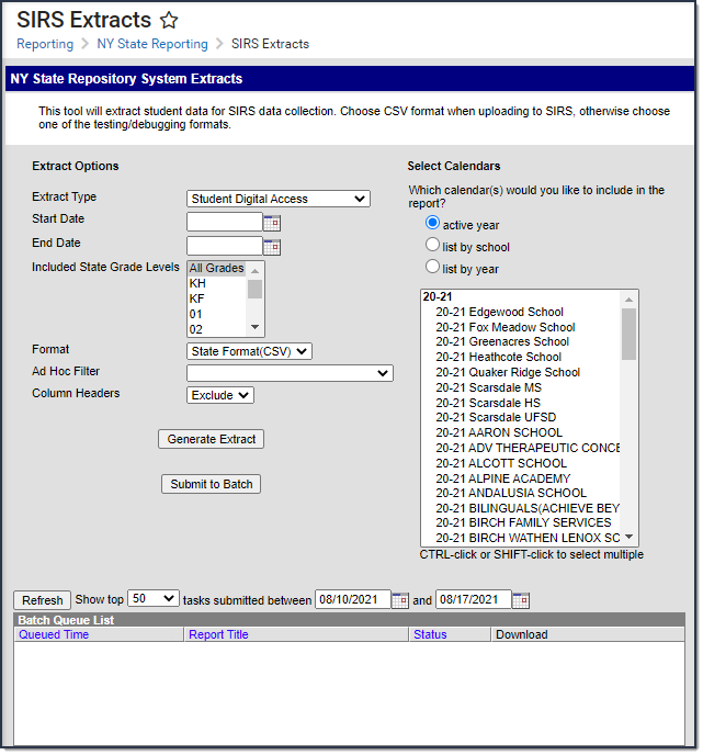 Screenshot of the SIRS student digital access extract editor.