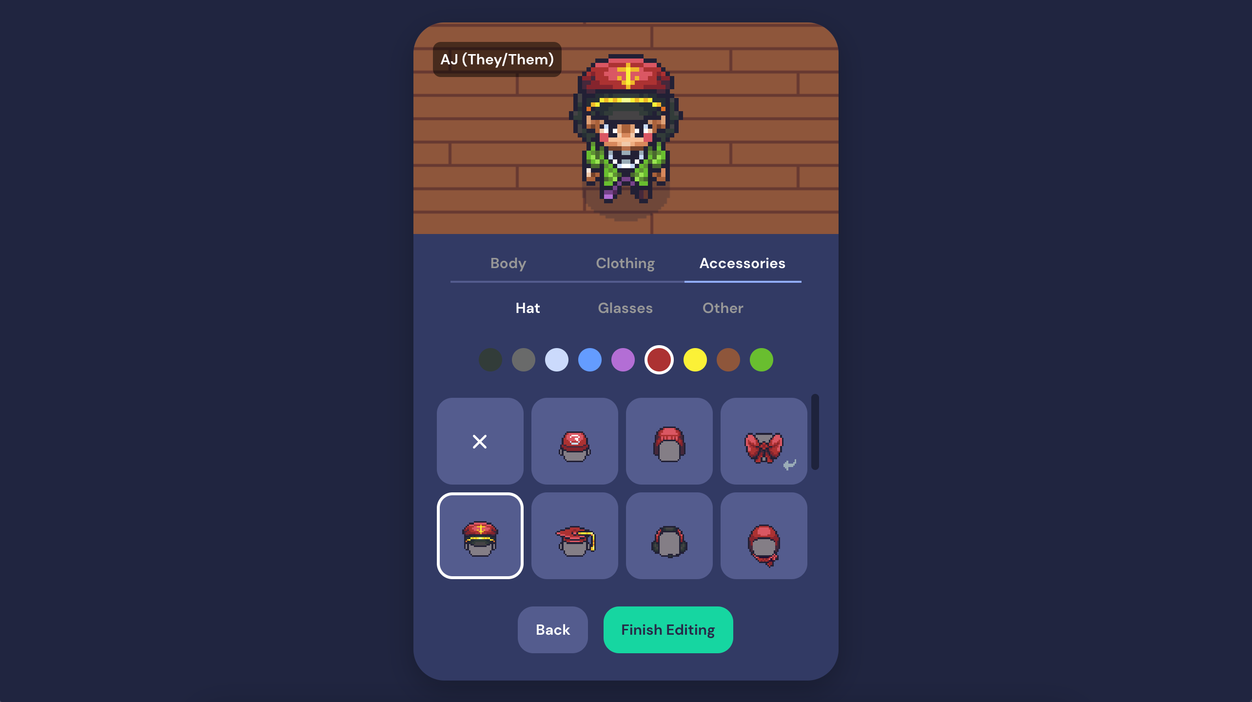 A screenshot of the character picker with the Accessories tab open and the Hats category active. The color red is selected, and a pilot's hat is selected among the red hats. 