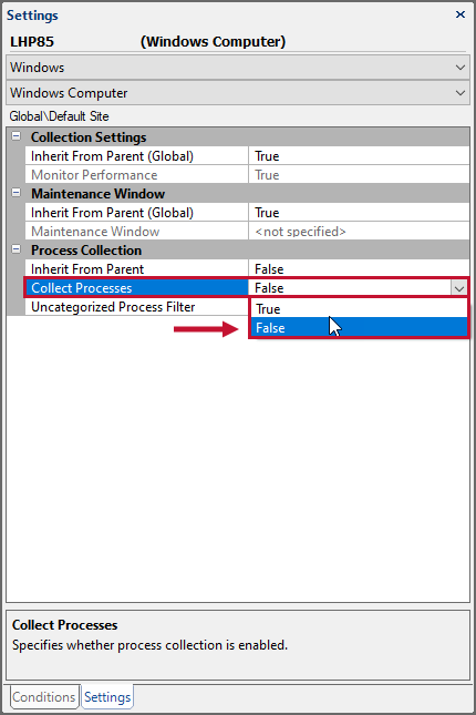 Settings pane Process Collection settings