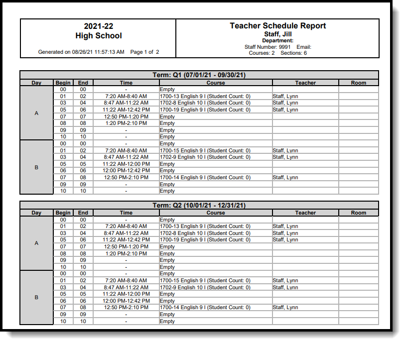 Screenshot of Teacher Schedule in List Format, grouped by day.
