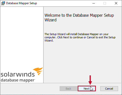 Database Mapper Wizard Welcome message prompting you to select Next to continue.