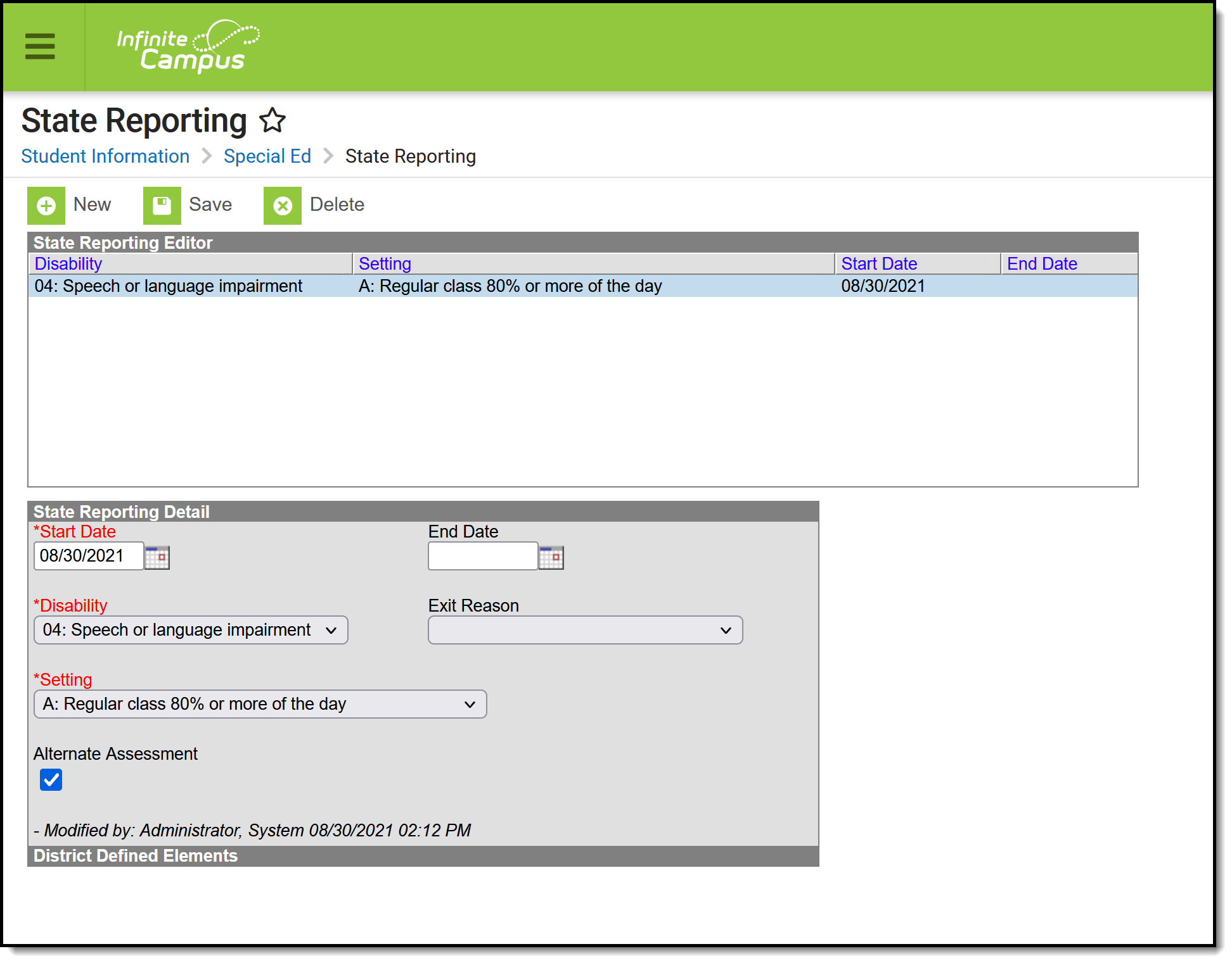 Screenshot of the Special Education state reporting editor.