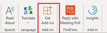 The Get Add-ins button in Outlook highlighted with a red box