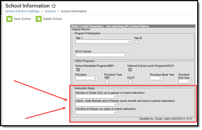 Screenshots of the Instruction Mode Fields on the School Information tool.