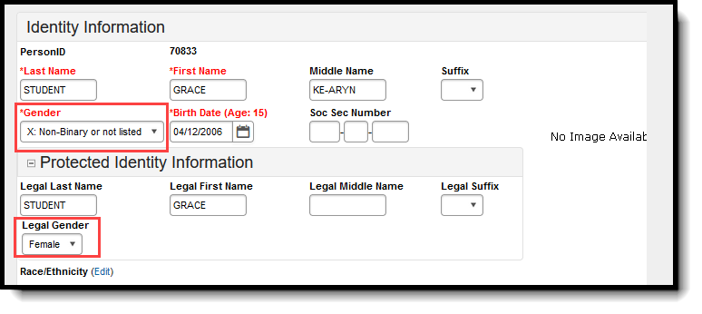 Screenshot of the Gender and Legal Gender fields highlighted on the Identities tool.