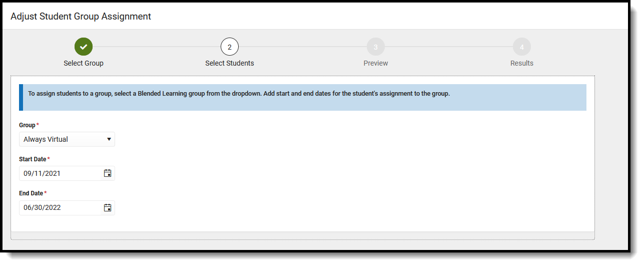 Screenshot of the Select Students screen when adjusting Blended Learning Groups