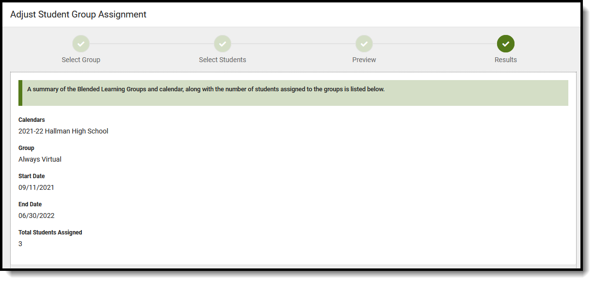 Screenshot of the Resulst view when the assigning student groups is complete. 