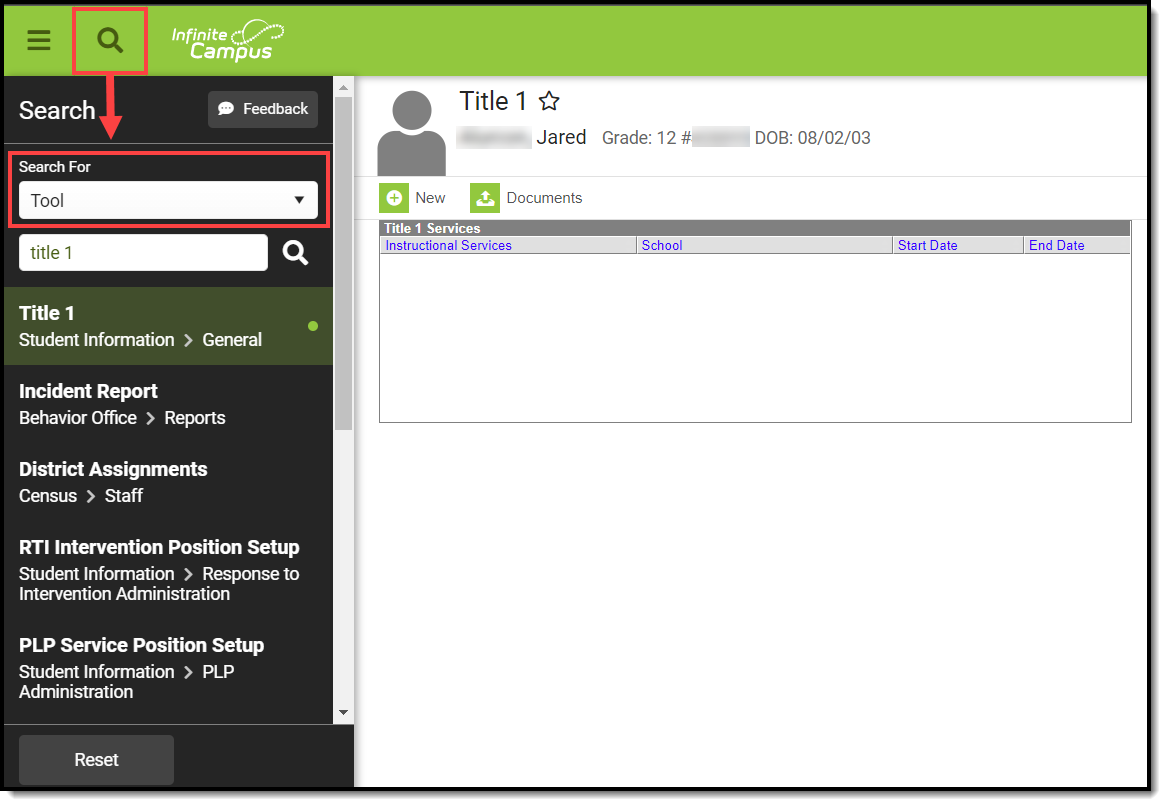 screenshot of search functionality 