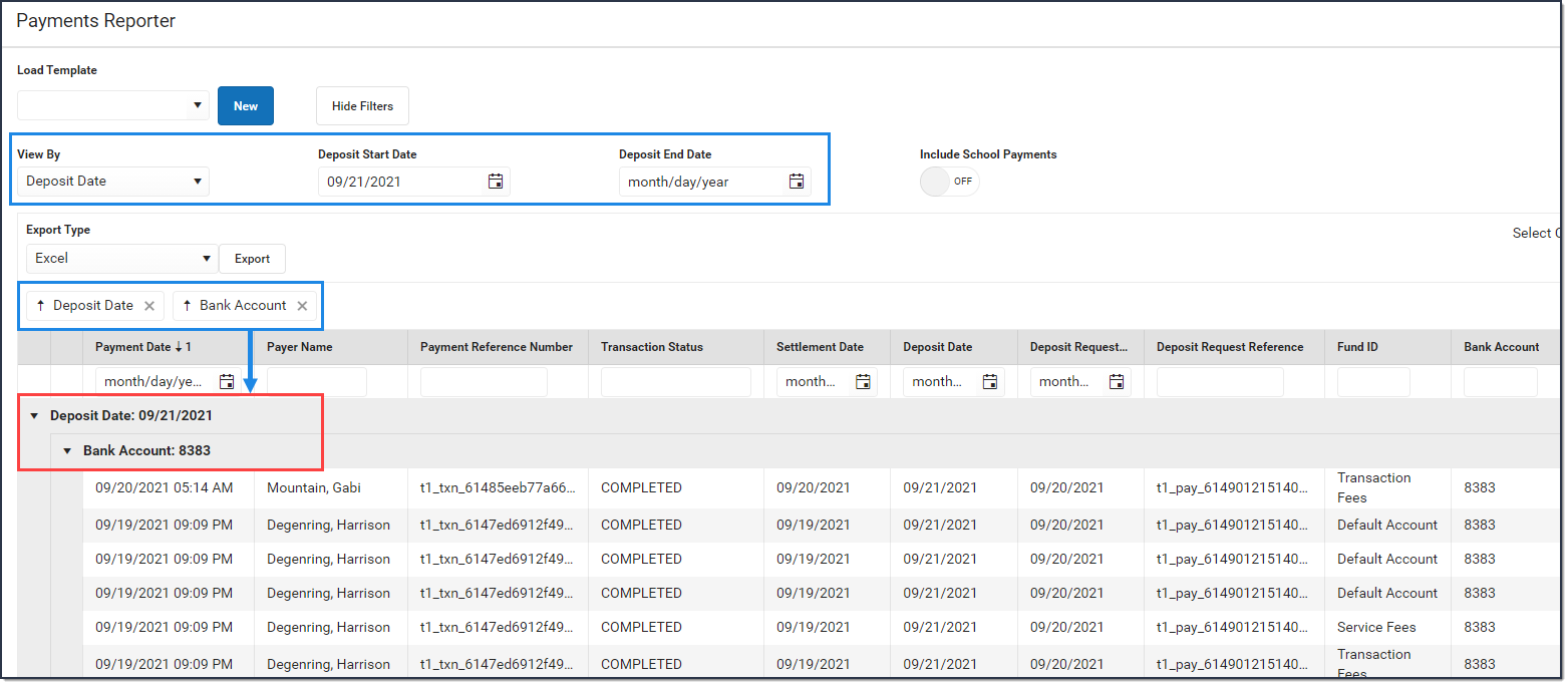 Screenshot of options used in the Payments Reporter to group deposits by Deposit Date and Bank Account.