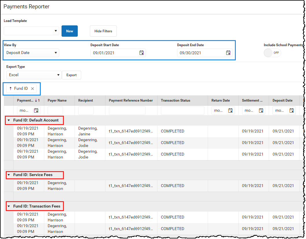 Screenshot of options used in the Payments Reporter to group deposits by Fund ID for a particular month.