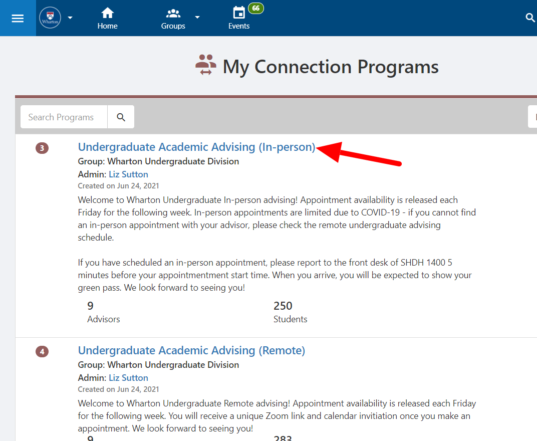 Undergraduate Academic Advising (In-person) Article with red arrow pointing to it.