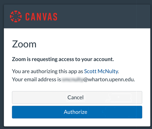 Screenshot of the popup of Zoom requesting access to your account. Two buttons appear on top of one another: Cancel and underneath Authorize.
