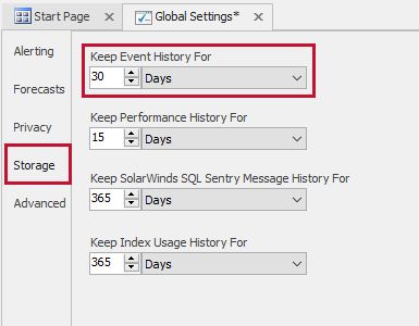 SQL Sentry Monitoring Service Settings Storage Keep Event History For