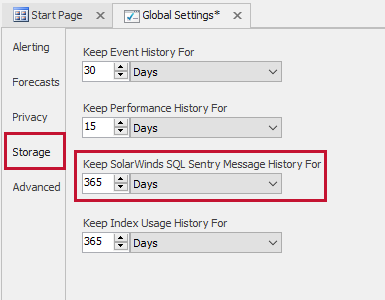 SQL Sentry Monitoring Service Settings Storage Keep SQL Sentry Message History For