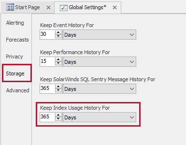 SQL Sentry Monitoring Service Settings Storage Keep Index Usage History For