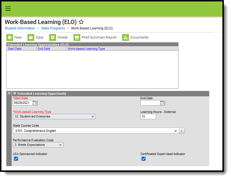 Screenshot of the Work-Based Learning editor, also known as the Extended Learning Opportunities editor.