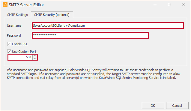 SQL Sentry SMTP Server Editor SMTP Security