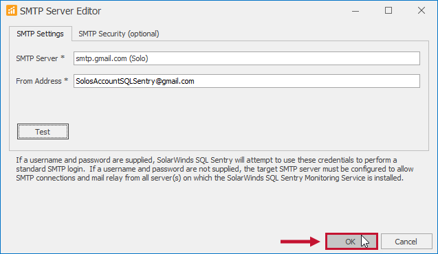 SQL Sentry SMTP Server Editor Ok