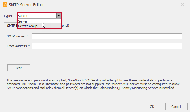 SQL Sentry SMTP Server Editor Server Group