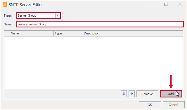 SQL Sentry SMTP Server Editor Server Group Add servers