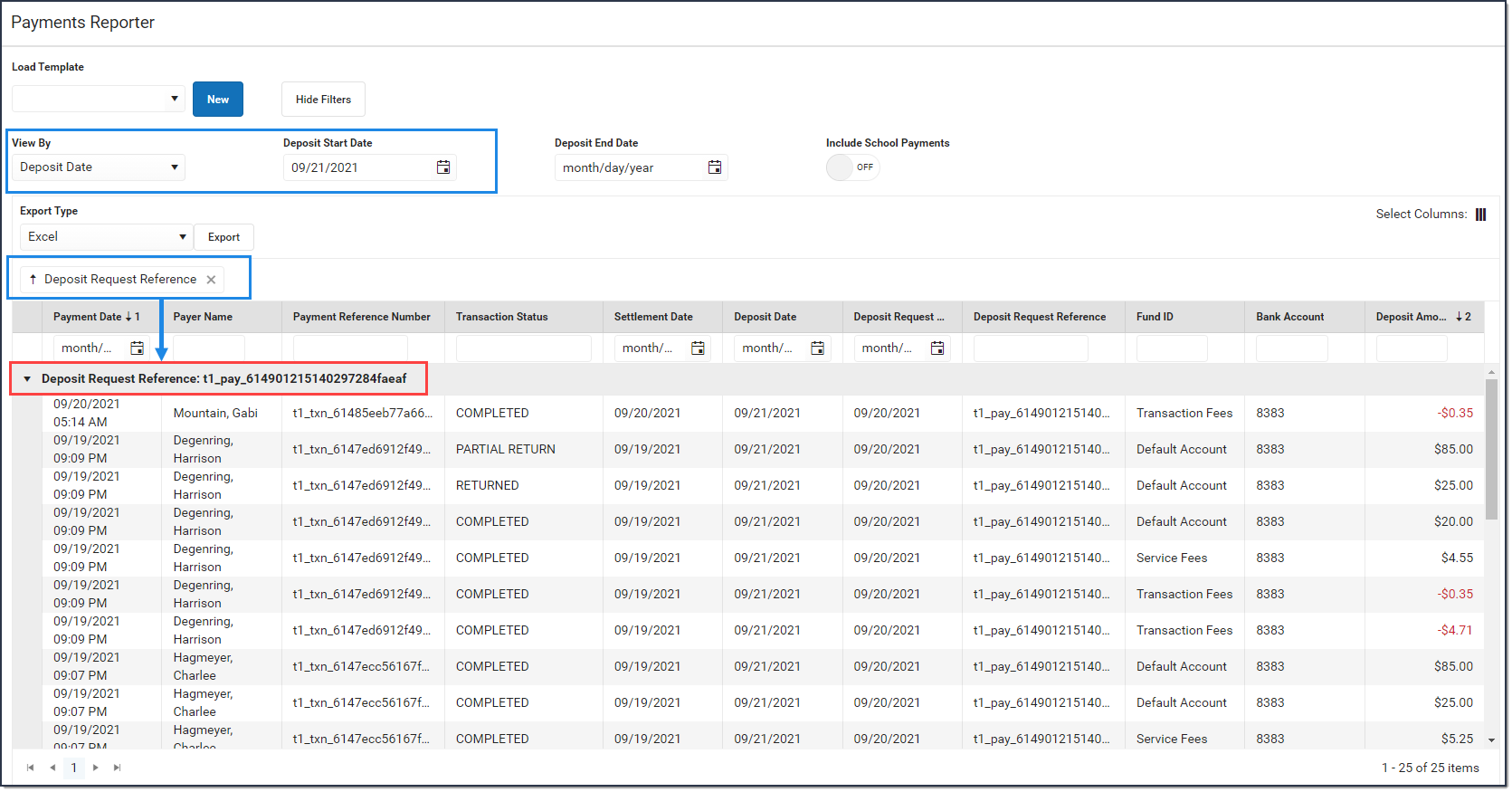 Screenshot of options used in the Payments Reporter to group deposits by Deposit Request Reference number.