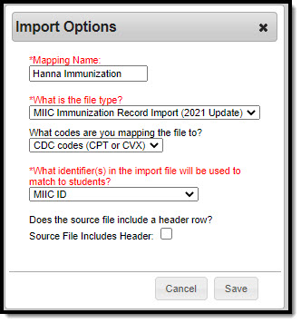 Screenshot of the MIIC Import Options.