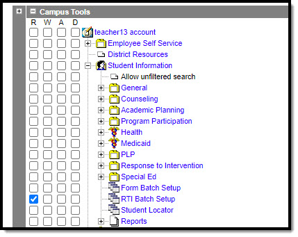 Screenshot of the RTI batch setup read tool rights.