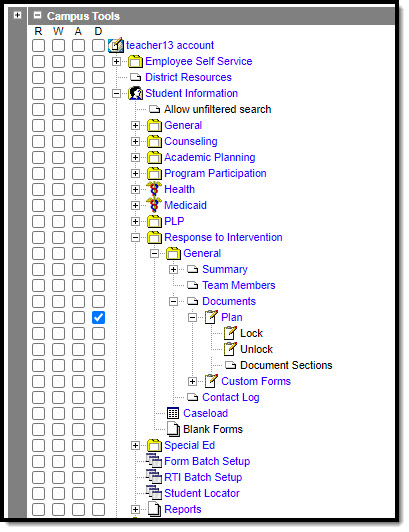 Screenshot of the RTI plan delete tool rights.