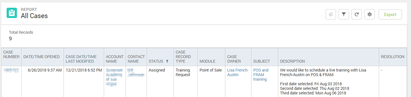 Screenshot of the All Cases report. 