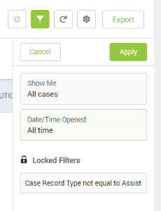 Screenshot of the filter options. Options include the ability to filter by case and date/time opened.