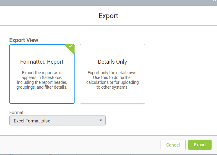 Screenshot of the Export tool with the Formatted Report option selected.