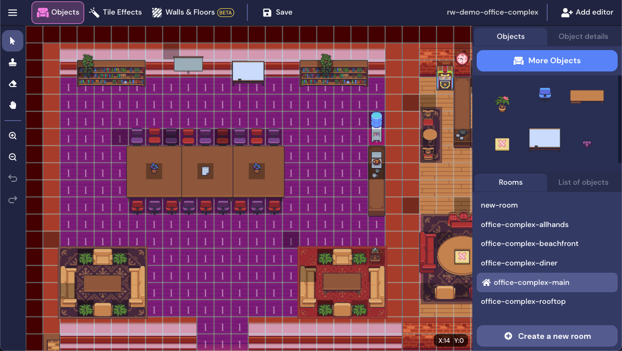 A screenshot of the conference room in the top left of the fancy office template. Objects is selected in the Top nav and the Select tool is active. 