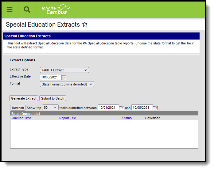 Screenshot of the Special Education Table 1 Extract editor.