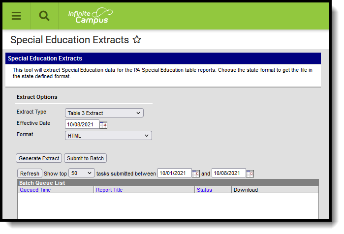 Screenshot of the Special Education Table 3 Extract editor.