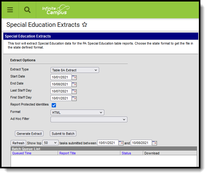 Screenshot of the Special Education Table 8A Extract editor.