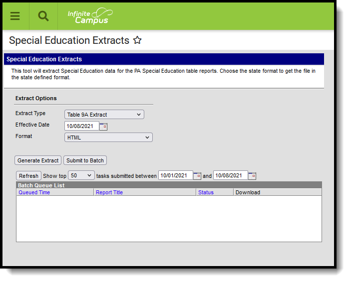 Screenshot of the Special Education Table 9A Extract editor.