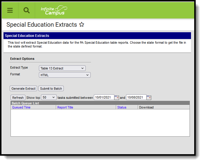 Screenshot of the Special Education Table 13 Extract editor.
