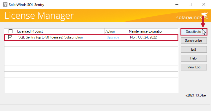 SolarWinds SQL Sentry License Manager Deactivate license