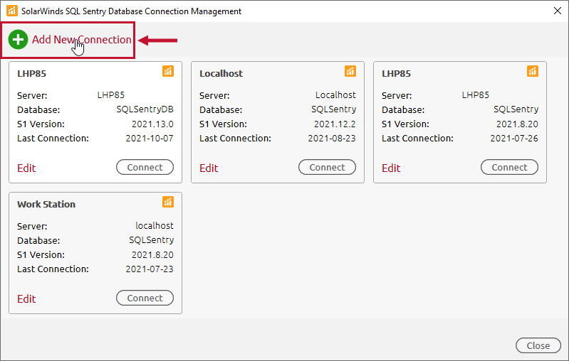 SQL Sentry Database Connection Management Add New Connection