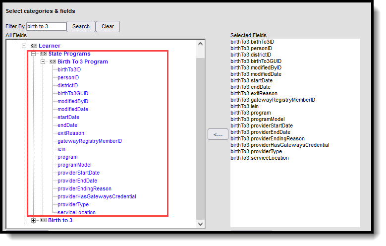 Screenshot of ad hoc query wizard with birth to 3 fields highlighted and selected.
