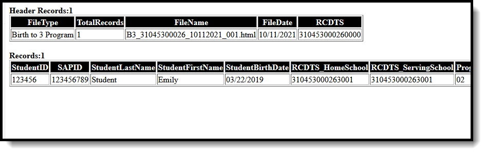 Screenshot of an example of the Birth to 3 Program Report in HTML Format.