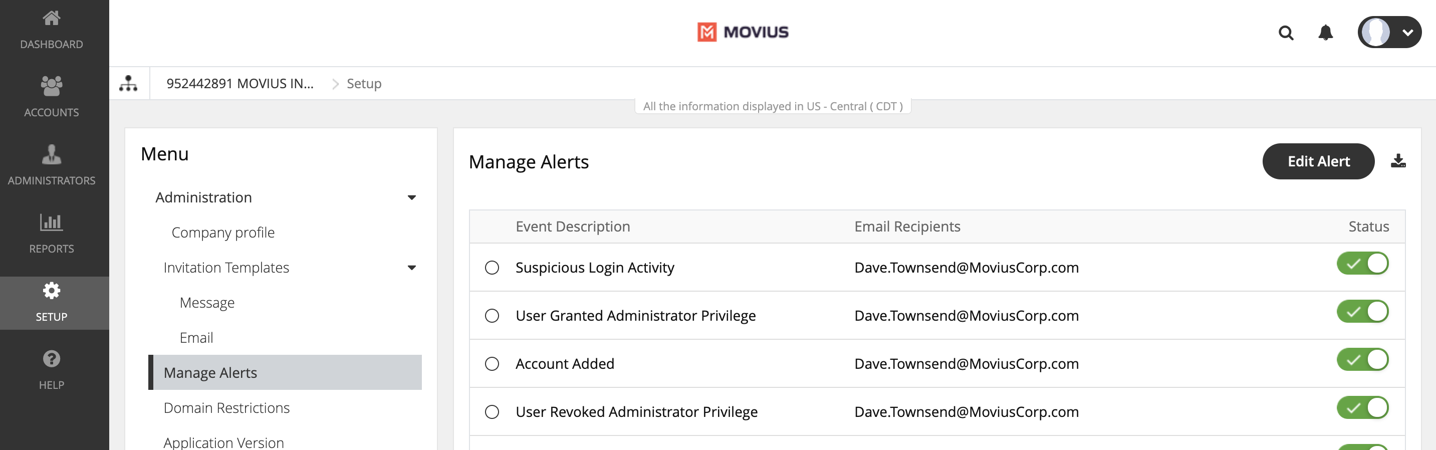 Manage Alerts screen