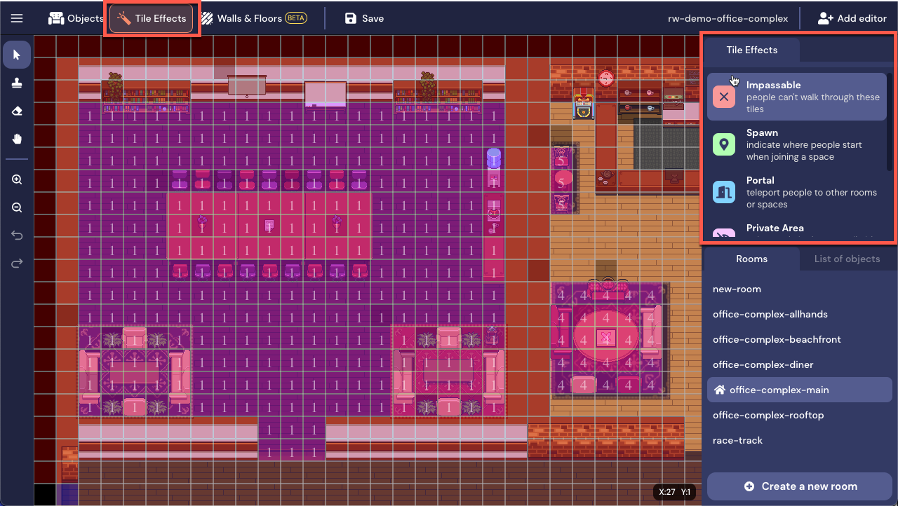 A view of the Mapmaker, which is a grid overlaying your space. In this screenshot of an office in Mapmaker, Tile Effects is outlined in red in the Top Nav Menu, the Stamp tool is outlined in red in the Left Nav Menu, and the Tile Effects options are outlined in red in the right panel. Red impassible tiles are visible on the walls, several green spawn tiles are in front of the door, and several areas are pinkish-purple private tiles, with numbers in them for area IDs. 