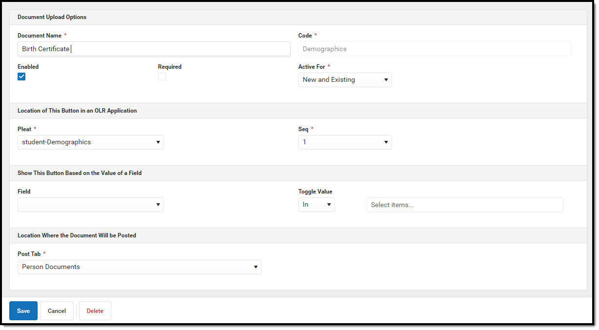 Screenshot of the Document Upload Options Detail Screen.