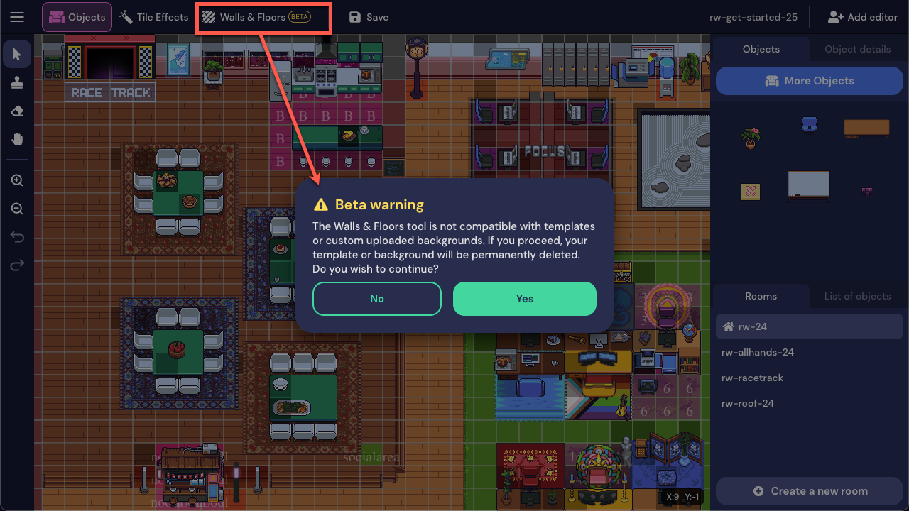 A screenshot of the conference room in the top left of the fancy office template. Walls & Floors Beta is selected and outlined in red in the Top nav, with a red arrow pointing to the warning message.