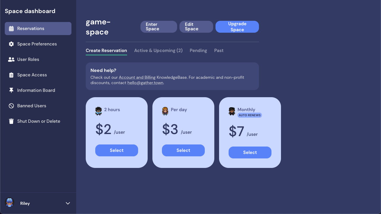 A view of the gather.town/dashboard, where the Create Reservation tab is open by default. Three plans display: $2/user for 2 hours, $3/user for Per day, and $7/user for Monthly. 