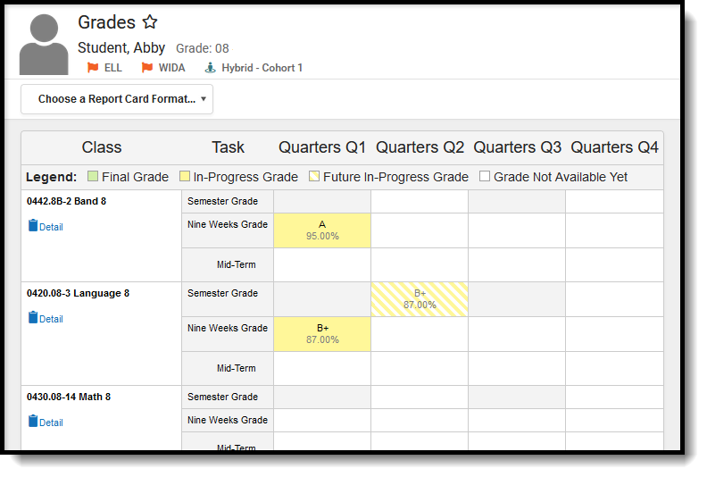 Screenshot of the Grades tool in student information. 